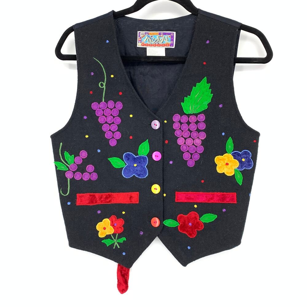 VTG 90s JouJou Fruit Flower Applique Vest Womens Sz S Black Multicolor Clowncore